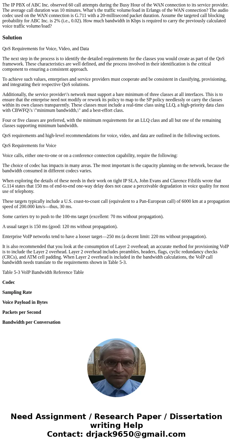 The IP PBX of ABC Inc. observed 60 call attempts during the Busy Hour of the WAN connection to its service provider. The average call duration was 10 minutes. W