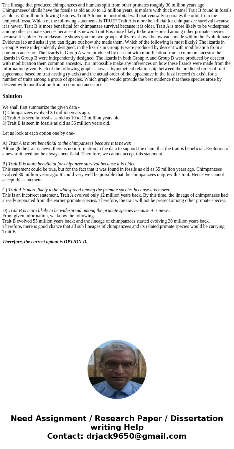 The lineage that produced chimpanzees and humans split from other primates roughly 30 million years ago Chimpanzees\' skulls have the fossils as old as 10 to 1
