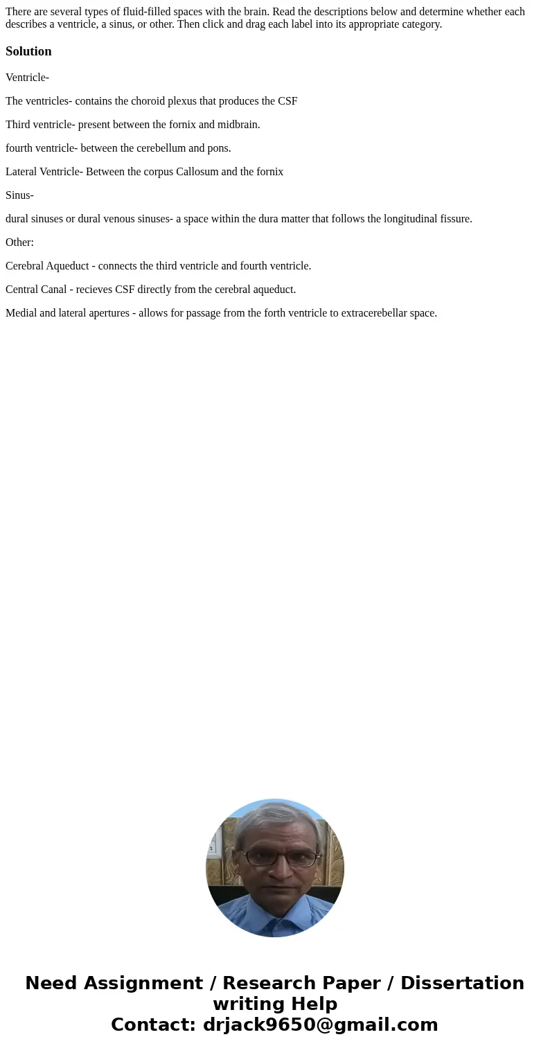 There are several types of fluid-filled spaces with the brain. Read the descriptions below and determine whether each describes a ventricle, a sinus, or other.  There are several types of fluid-filled spaces with the brain. Read the descriptions below and determine whether each describes a ventricle, a sinus, or other.