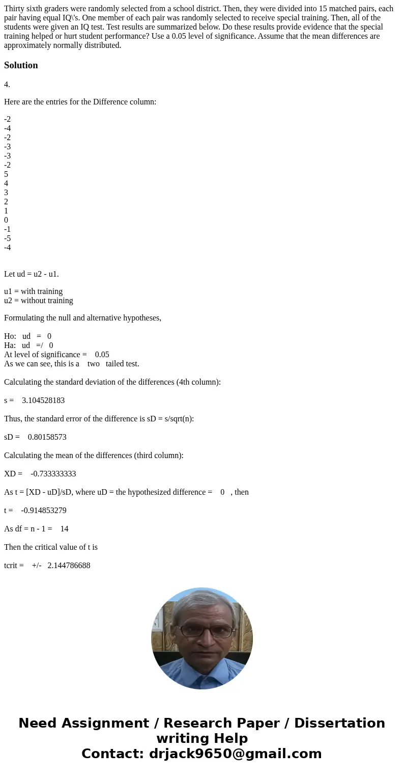 Thirty sixth graders were randomly selected from a school district. Then, they were divided into 15 matched pairs, each pair having equal IQ\'s. One member of   Thirty sixth graders were randomly selected from a school district. Then, they were divided into 15 matched pairs, each pair having equal IQ\'s. One member of