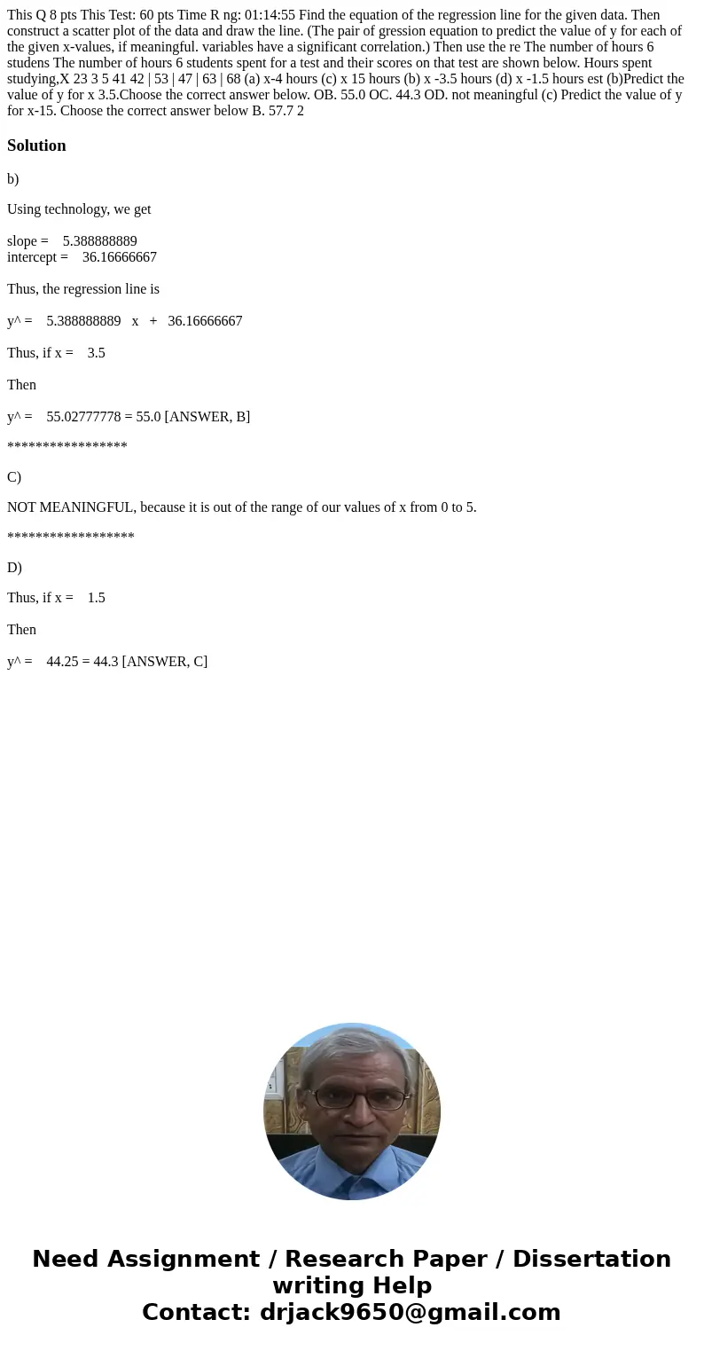  This Q 8 pts This Test: 60 pts Time R ng: 01:14:55 Find the equation of the regression line for the given data. Then construct a scatter plot of the data and d