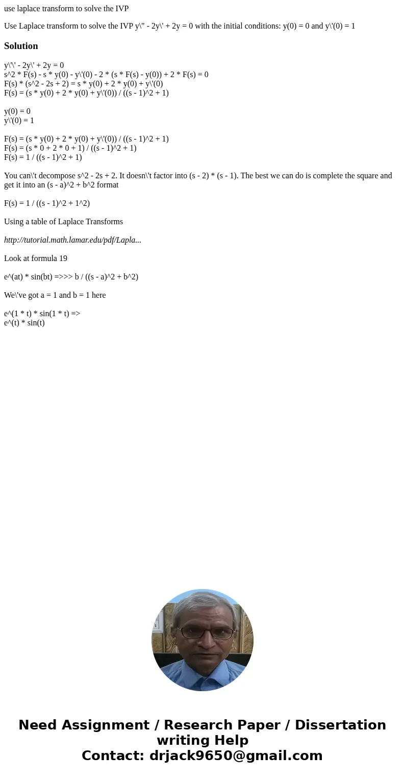 use laplace transform to solve the IVP Use Laplace transform to solve the IVP y\ use laplace transform to solve the IVP Use Laplace transform to solve the IVP y\