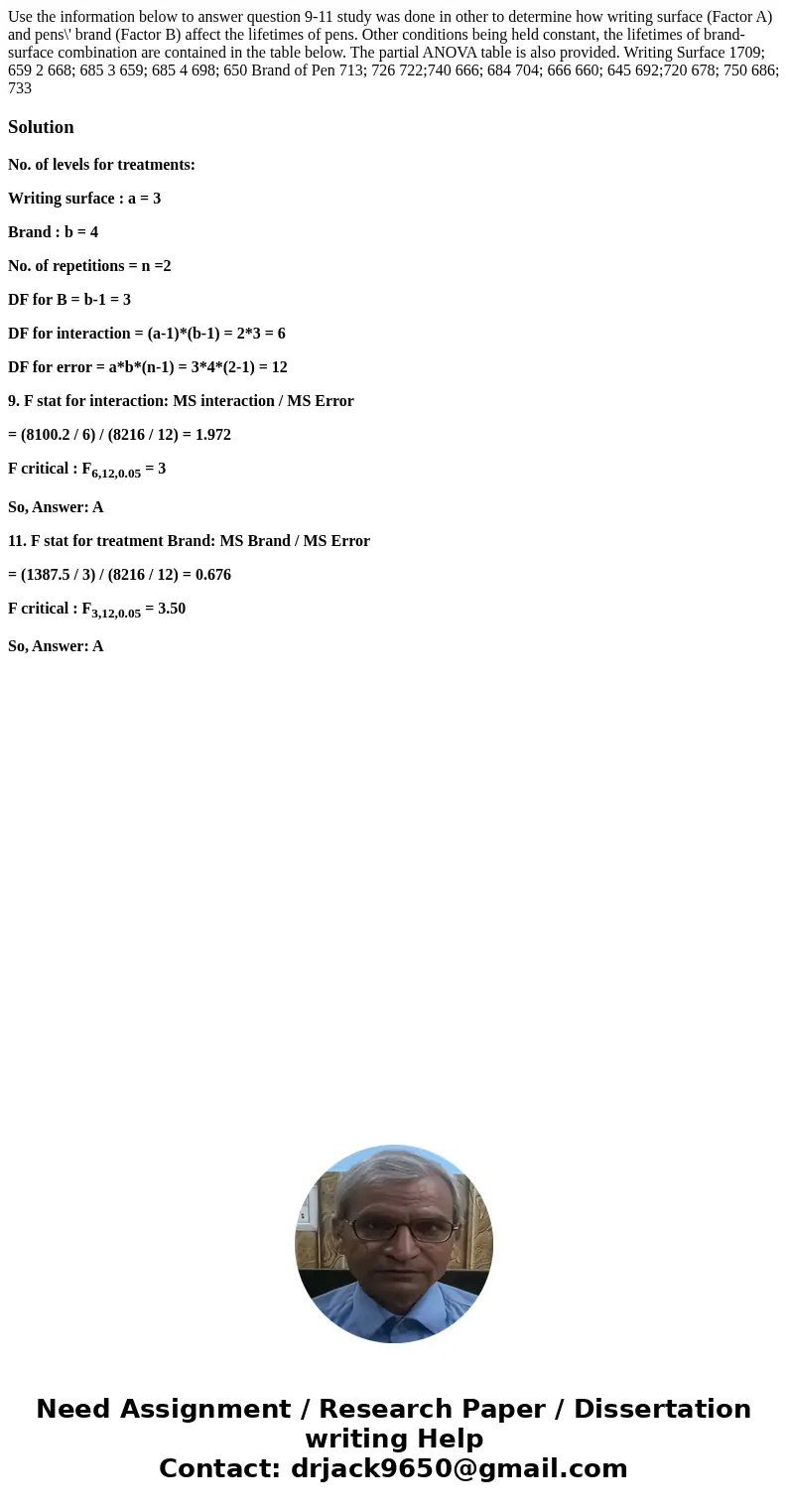 Use the information below to answer question 9-11 study was done in other to determine how writing surface (Factor A) and pens\' brand (Factor B) affect the li  Use the information below to answer question 9-11 study was done in other to determine how writing surface (Factor A) and pens\' brand (Factor B) affect the li