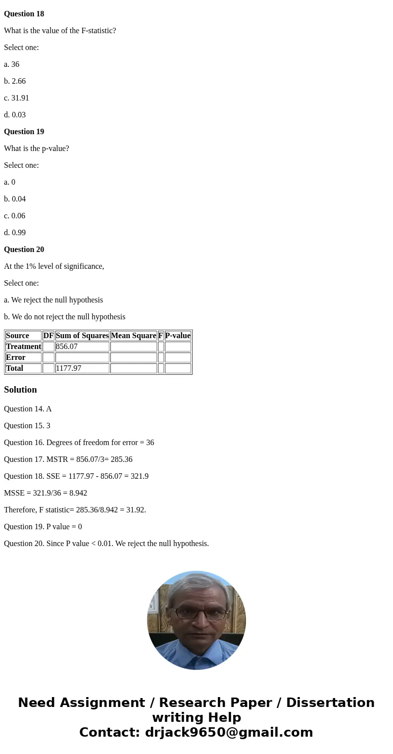 Use this information to answer the following 7 related questions: In a completely randomized design, ten subjects were assigned to each of four treatments of fa Use this information to answer the following 7 related questions: In a completely randomized design, ten subjects were assigned to each of four treatments of fa