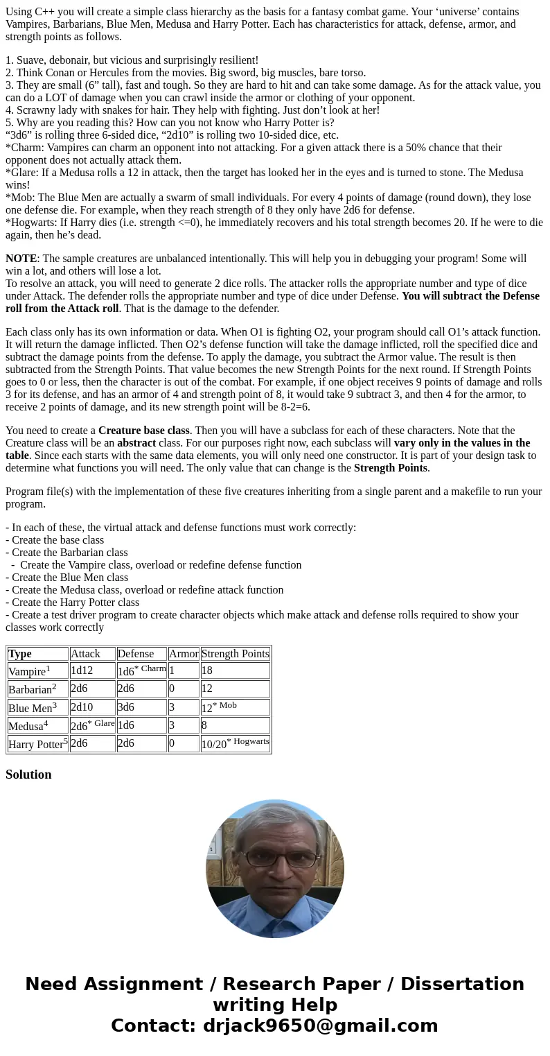Using C++ you will create a simple class hierarchy as the basis for a fantasy combat game. Your ‘universe’ contains Vampires, Barbarians, Blue Men, Medusa and H Using C++ you will create a simple class hierarchy as the basis for a fantasy combat game. Your ‘universe’ contains Vampires, Barbarians, Blue Men, Medusa and H