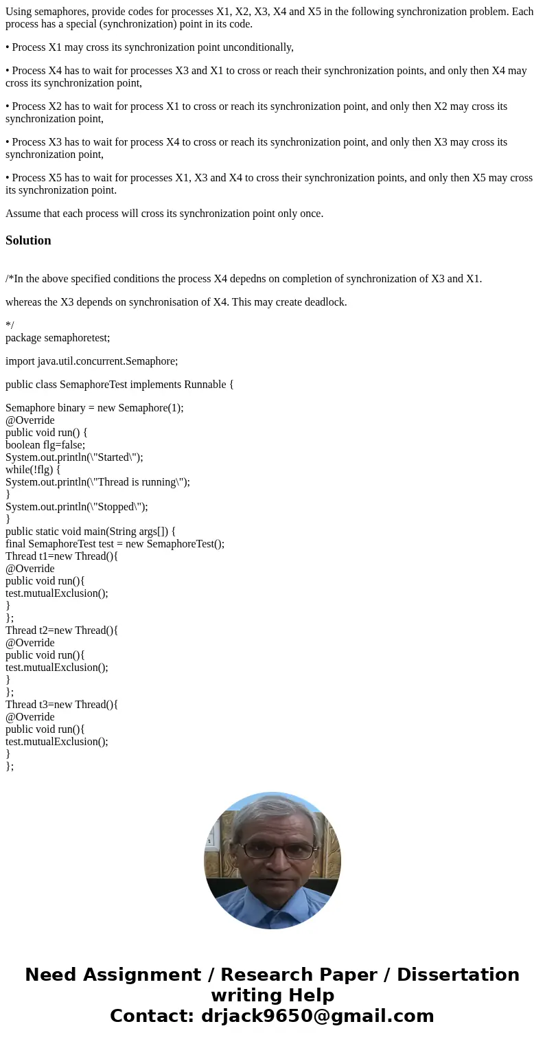 Using semaphores, provide codes for processes X1, X2, X3, X4 and X5 in the following synchronization problem. Each process has a special (synchronization) point Using semaphores, provide codes for processes X1, X2, X3, X4 and X5 in the following synchronization problem. Each process has a special (synchronization) point
