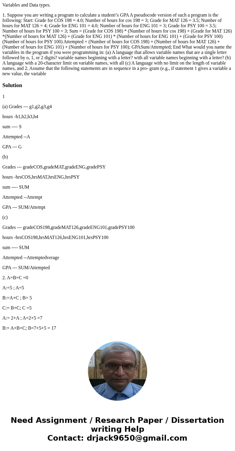 Variables and Data types. 1. Suppose you are writing a program to calculate a student\'s GPA A pseudocode version of such a program is the following: Start: Gra Variables and Data types. 1. Suppose you are writing a program to calculate a student\'s GPA A pseudocode version of such a program is the following: Start: Gra