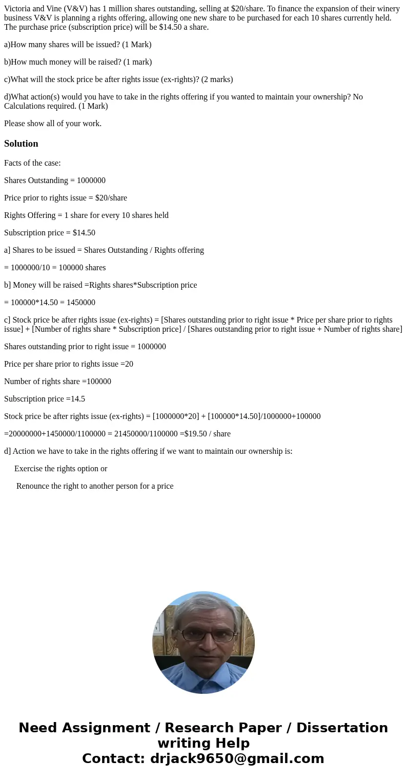 Victoria and Vine (V&V) has 1 million shares outstanding, selling at $20/share. To finance the expansion of their winery business V&V is planning a righ Victoria and Vine (V&V) has 1 million shares outstanding, selling at $20/share. To finance the expansion of their winery business V&V is planning a righ