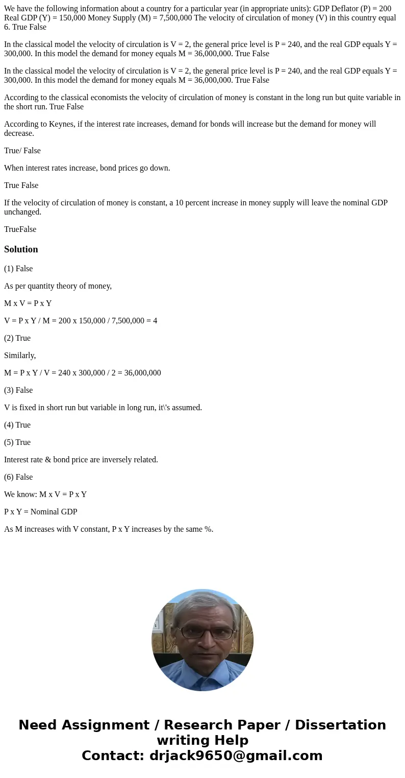 We have the following information about a country for a particular year (in appropriate units): GDP Deflator (P) = 200 Real GDP (Y) = 150,000 Money Supply (M) =