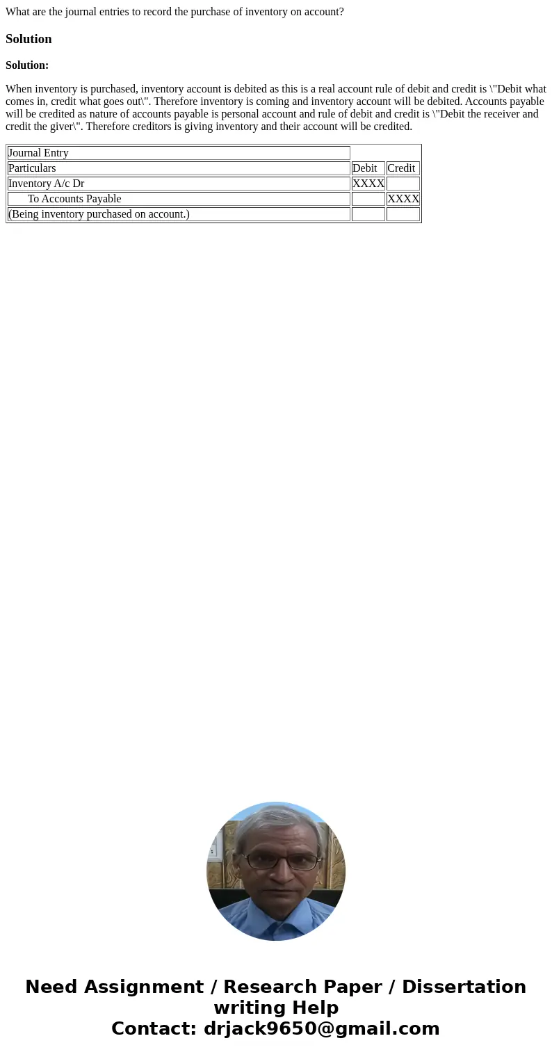 What are the journal entries to record the purchase of inventory on account?SolutionSolution: When inventory is purchased, inventory account is debited as this 