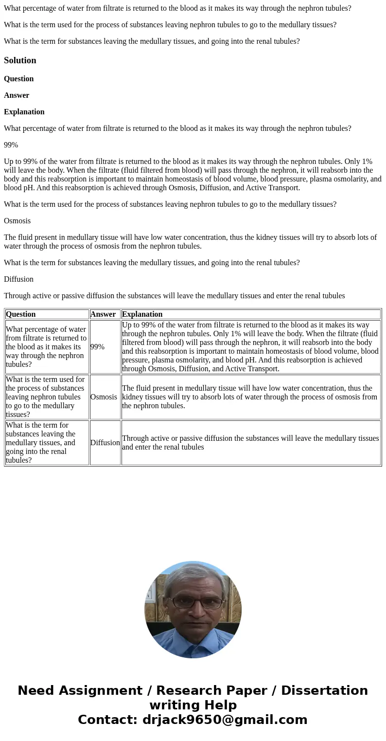 What percentage of water from filtrate is returned to the blood as it makes its way through the nephron tubules? What is the term used for the process of substa What percentage of water from filtrate is returned to the blood as it makes its way through the nephron tubules? What is the term used for the process of substa