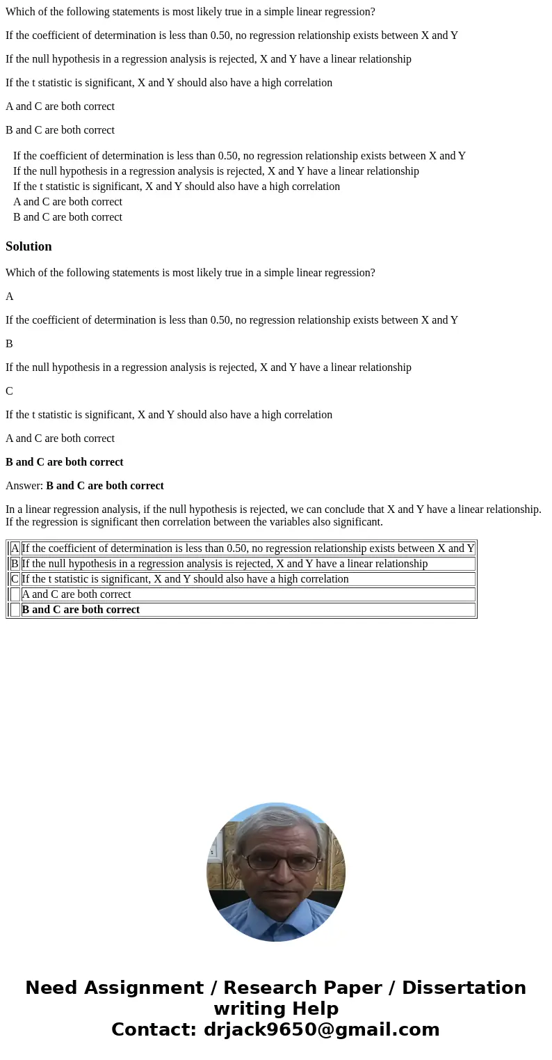 Which of the following statements is most likely true in a simple linear regression? If the coefficient of determination is less than 0.50, no regression relati