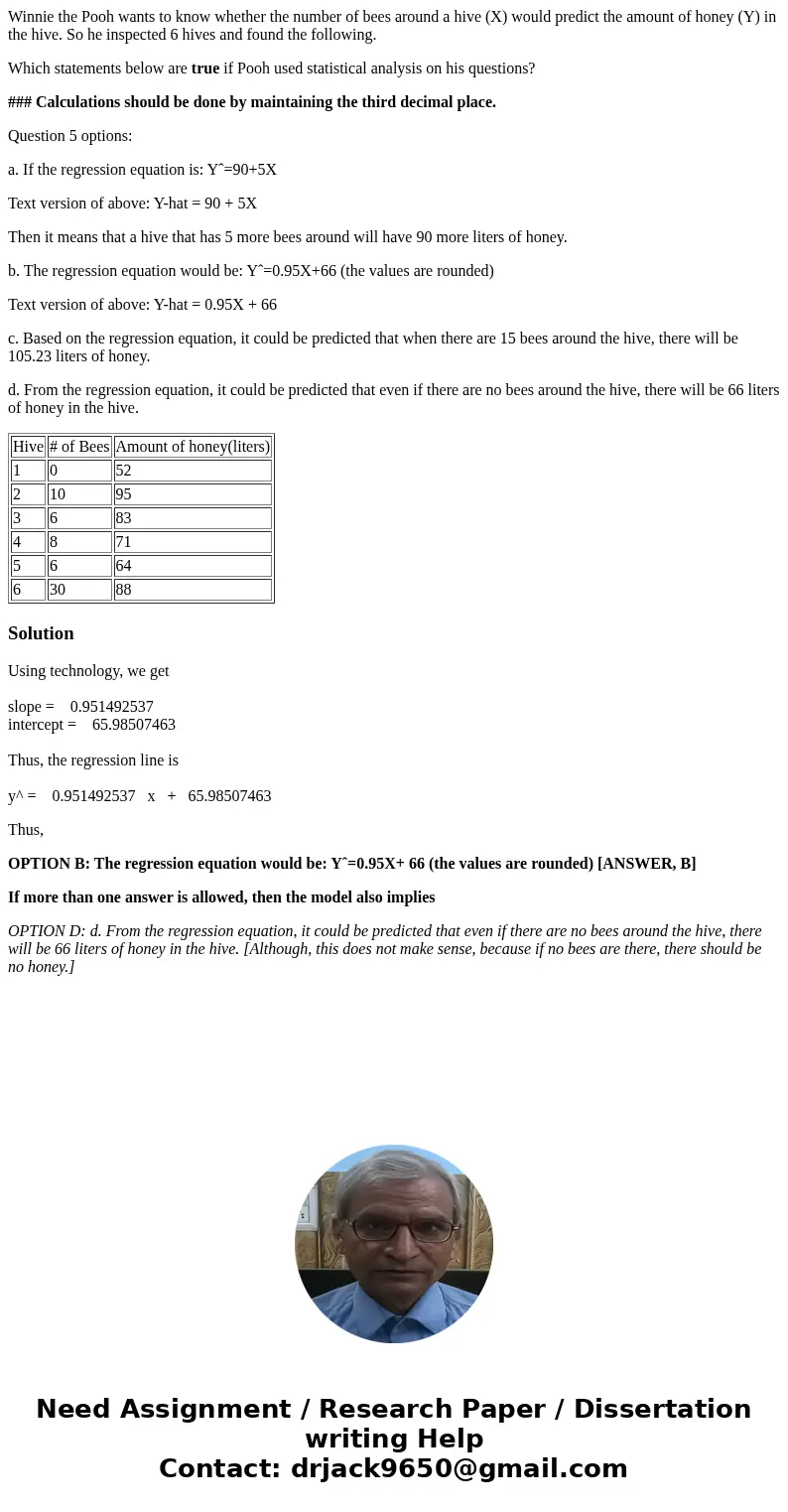 Winnie the Pooh wants to know whether the number of bees around a hive (X) would predict the amount of honey (Y) in the hive. So he inspected 6 hives and found Winnie the Pooh wants to know whether the number of bees around a hive (X) would predict the amount of honey (Y) in the hive. So he inspected 6 hives and found