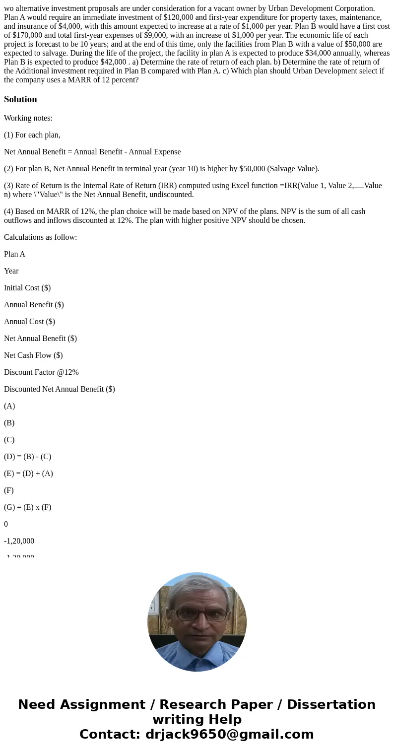 wo alternative investment proposals are under consideration for a vacant owner by Urban Development Corporation. Plan A would require an immediate investment of