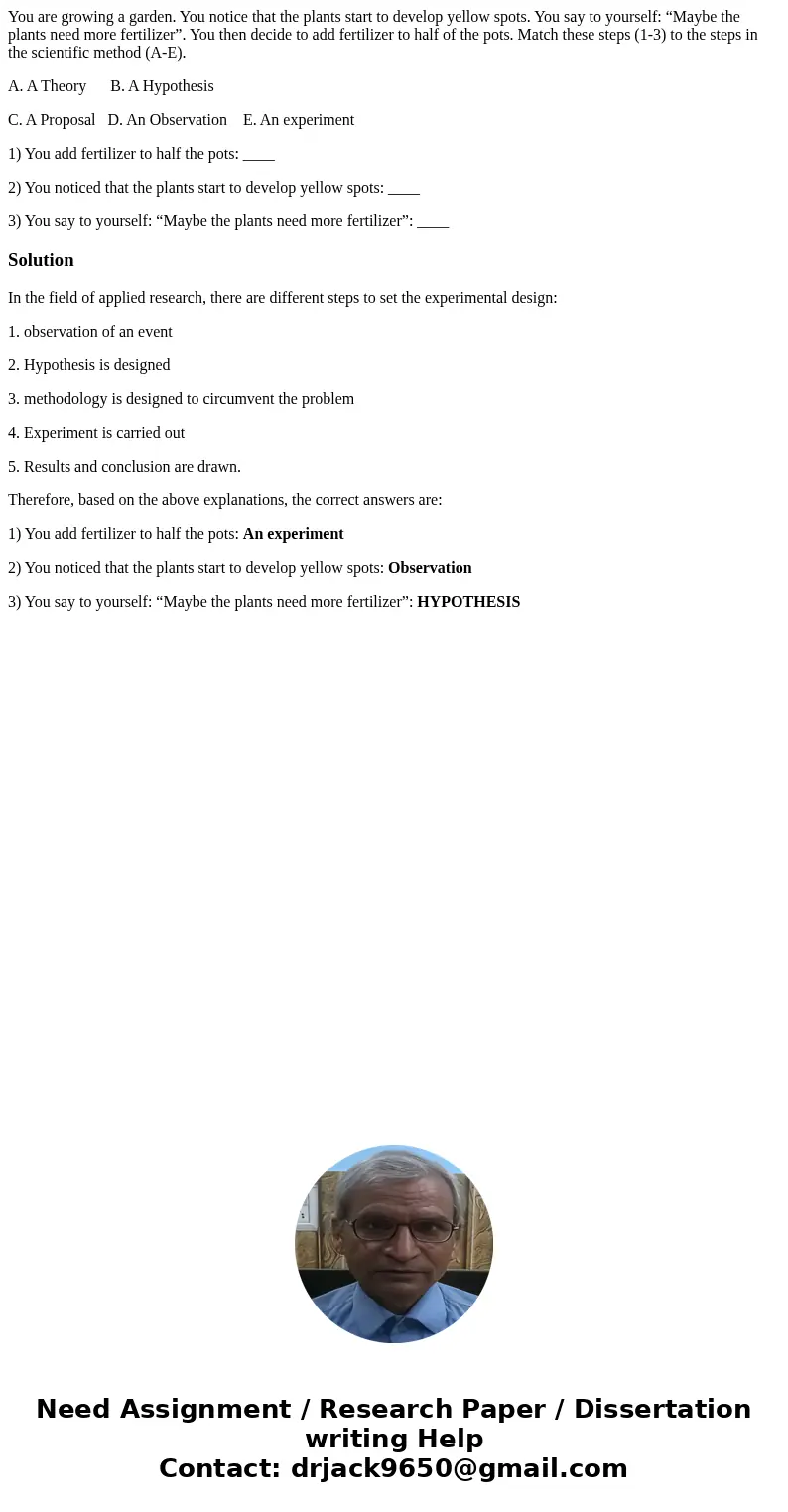 You are growing a garden. You notice that the plants start to develop yellow spots. You say to yourself: “Maybe the plants need more fertilizer”. You then decid You are growing a garden. You notice that the plants start to develop yellow spots. You say to yourself: “Maybe the plants need more fertilizer”. You then decid