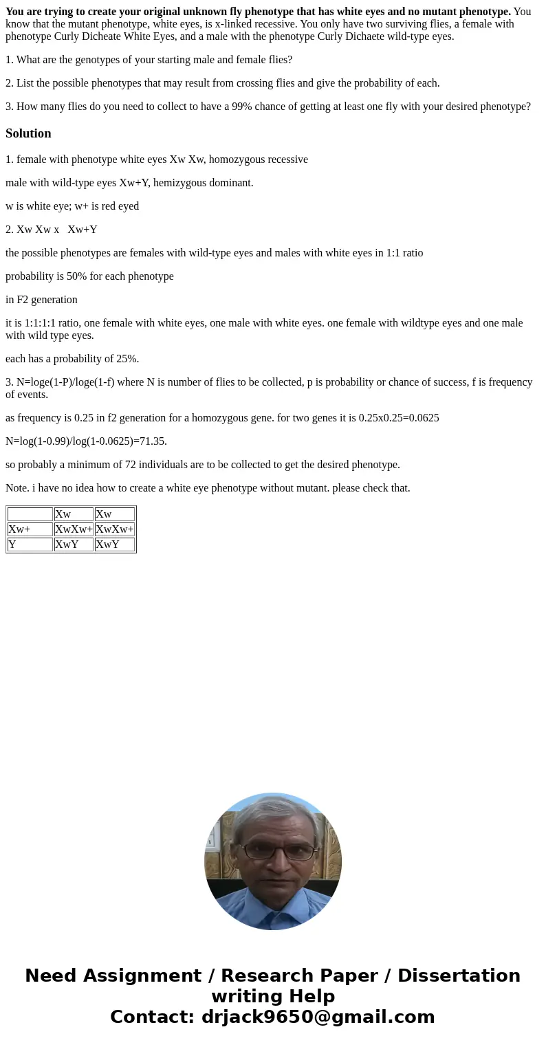 You are trying to create your original unknown fly phenotype that has white eyes and no mutant phenotype. You know that the mutant phenotype, white eyes, is x-l You are trying to create your original unknown fly phenotype that has white eyes and no mutant phenotype. You know that the mutant phenotype, white eyes, is x-l