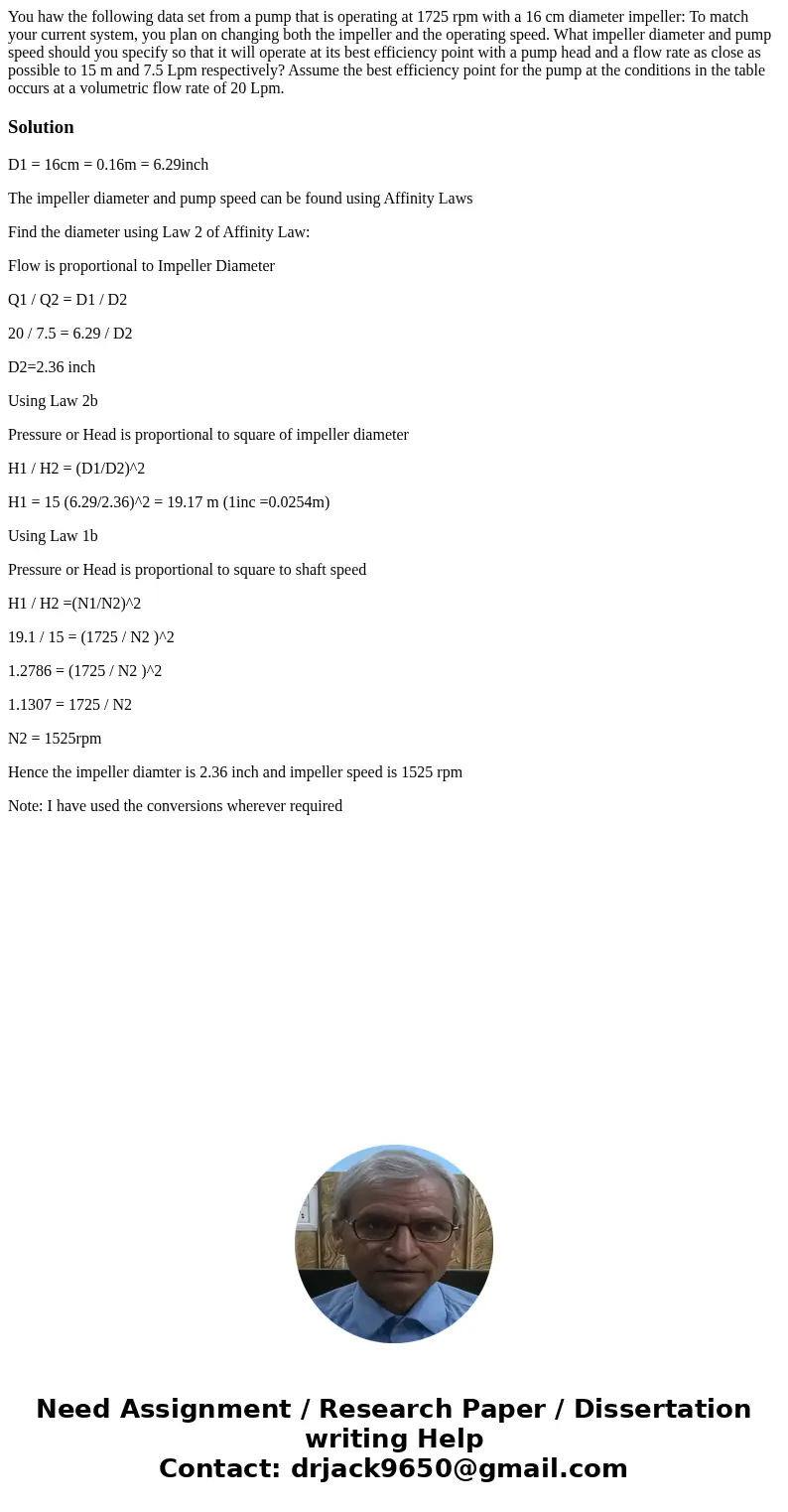 You haw the following data set from a pump that is operating at 1725 rpm with a 16 cm diameter impeller: To match your current system, you plan on changing bot  You haw the following data set from a pump that is operating at 1725 rpm with a 16 cm diameter impeller: To match your current system, you plan on changing bot