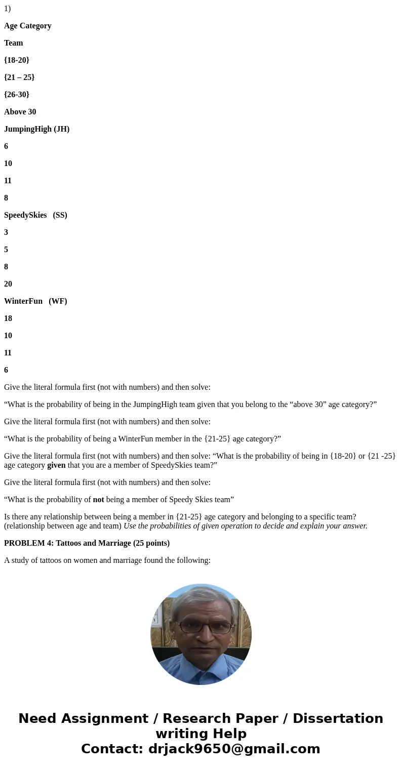 1) Age Category Team {18-20} {21 – 25} {26-30} Above 30 JumpingHigh (JH) 6 10 11 8 SpeedySkies (SS) 3 5 8 20 WinterFun (WF) 18 10 11 6 Give the literal formula  1) Age Category Team {18-20} {21 – 25} {26-30} Above 30 JumpingHigh (JH) 6 10 11 8 SpeedySkies (SS) 3 5 8 20 WinterFun (WF) 18 10 11 6 Give the literal formula