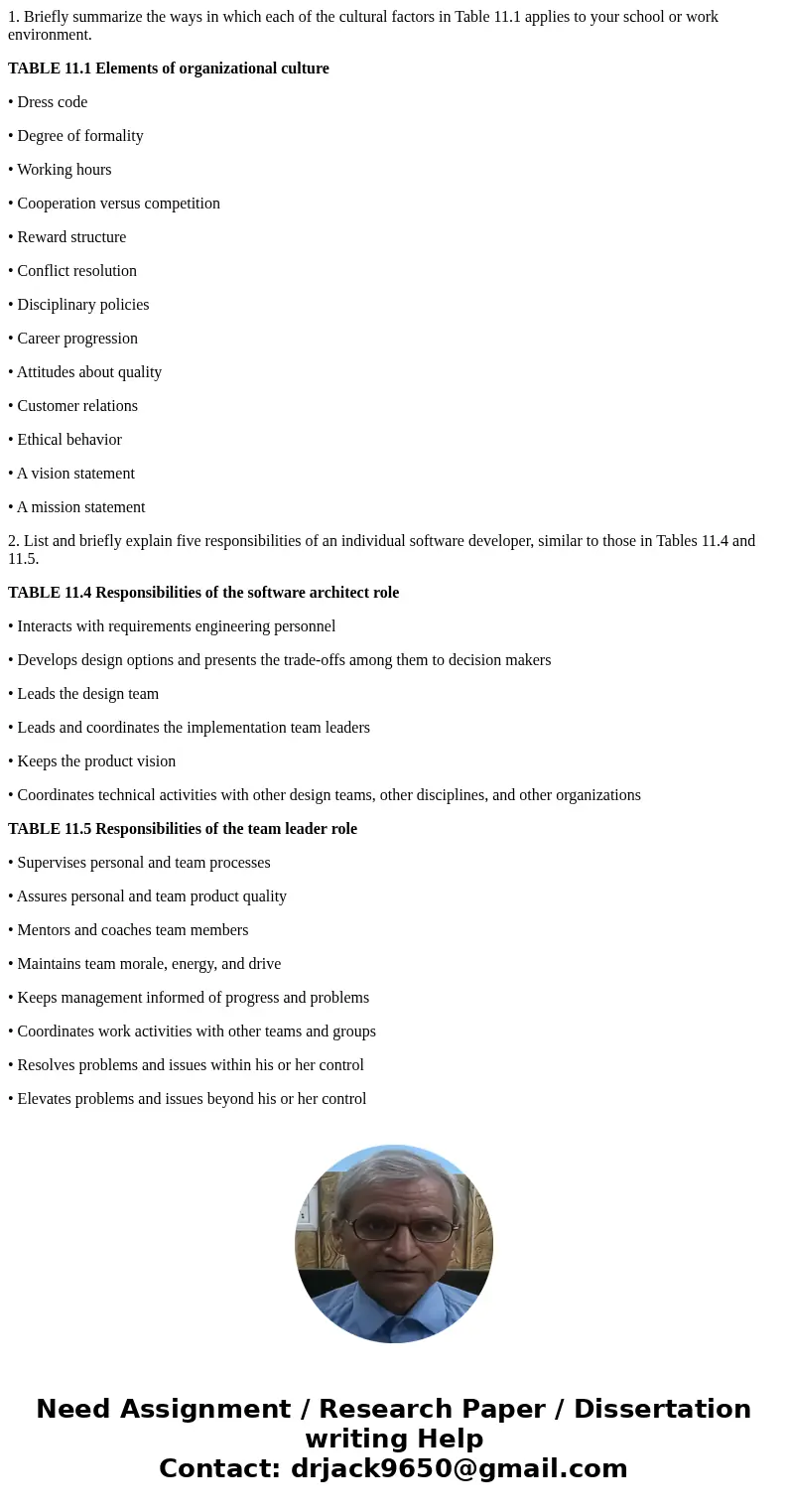 1. Briefly summarize the ways in which each of the cultural factors in Table 11.1 applies to your school or work environment. TABLE 11.1 Elements of organizatio
