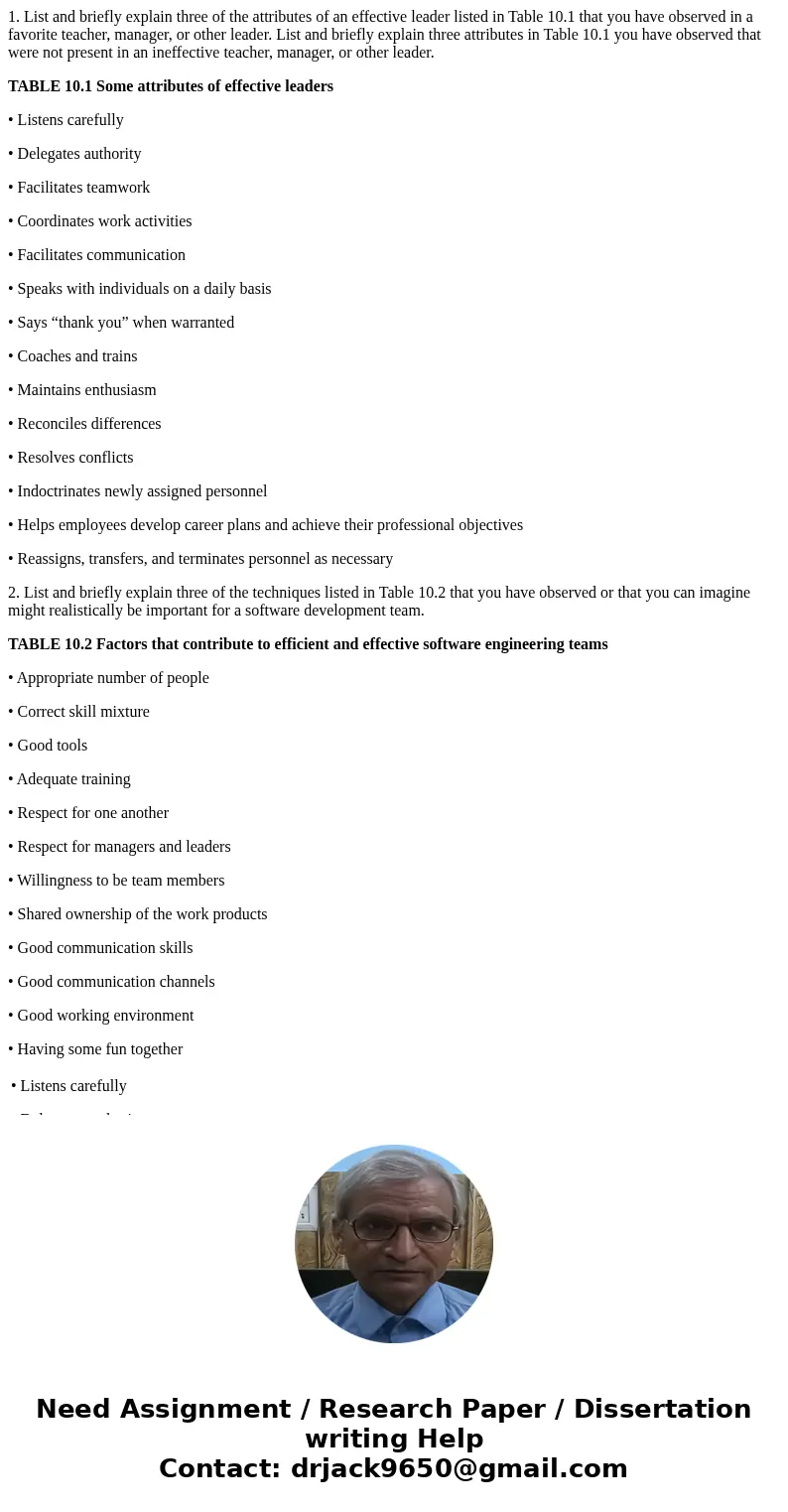 1. List and briefly explain three of the attributes of an effective leader listed in Table 10.1 that you have observed in a favorite teacher, manager, or other 