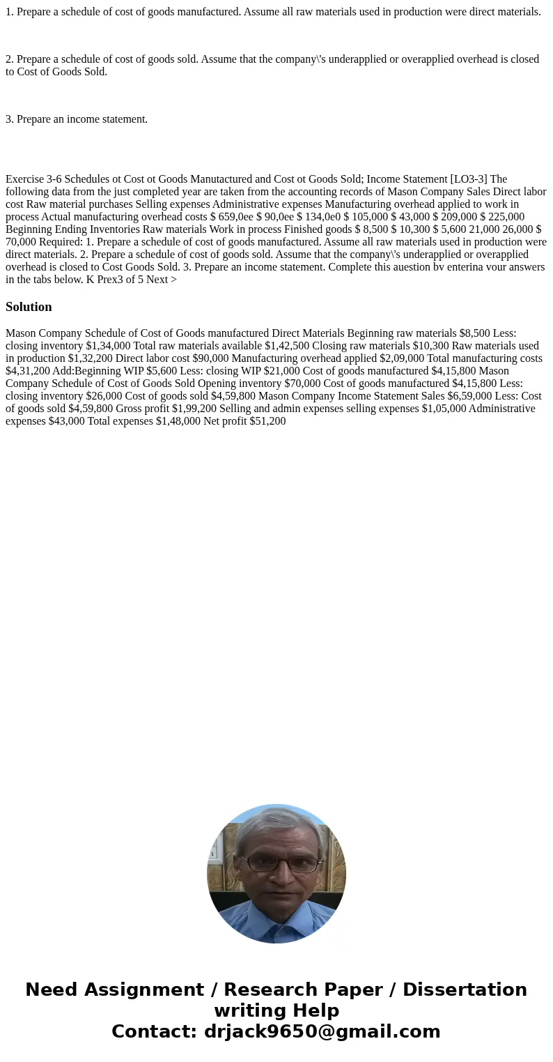 1. Prepare a schedule of cost of goods manufactured. Assume all raw materials used in production were direct materials. 2. Prepare a schedule of cost of goods   1. Prepare a schedule of cost of goods manufactured. Assume all raw materials used in production were direct materials. 2. Prepare a schedule of cost of goods