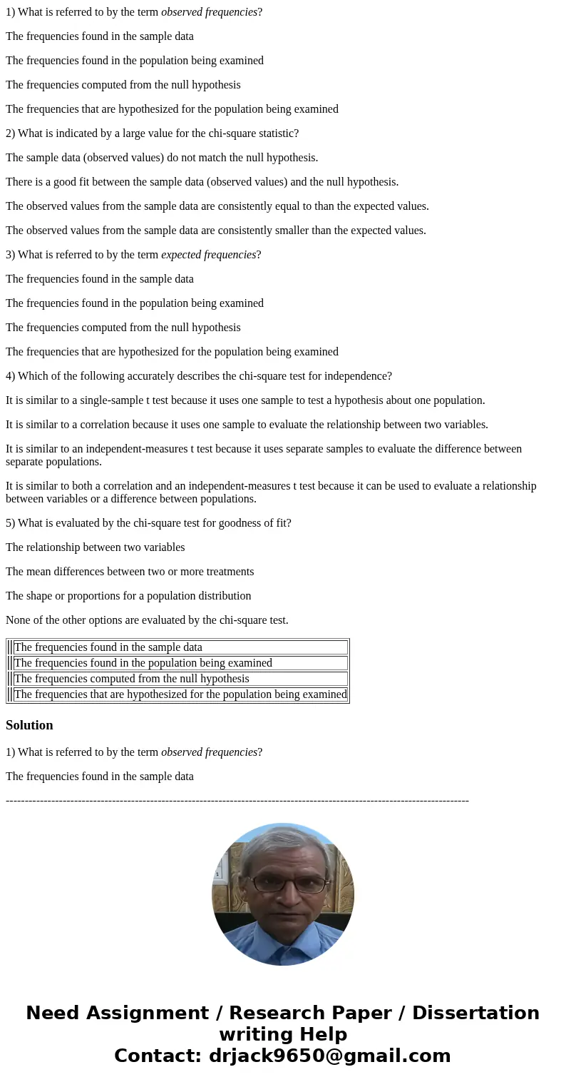 1) What is referred to by the term observed frequencies? The frequencies found in the sample data The frequencies found in the population being examined The fre 1) What is referred to by the term observed frequencies? The frequencies found in the sample data The frequencies found in the population being examined The fre