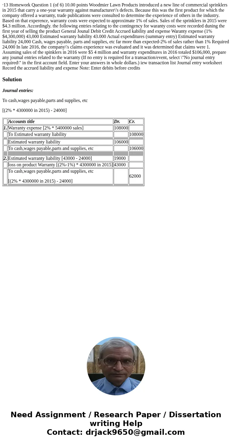 ·13 Homework Question 1 (of 6) 10.00 points Woodmier Lawn Products introduced a new line of commercial sprinklers in 2015 that carry a one-year warranty agains  ·13 Homework Question 1 (of 6) 10.00 points Woodmier Lawn Products introduced a new line of commercial sprinklers in 2015 that carry a one-year warranty agains