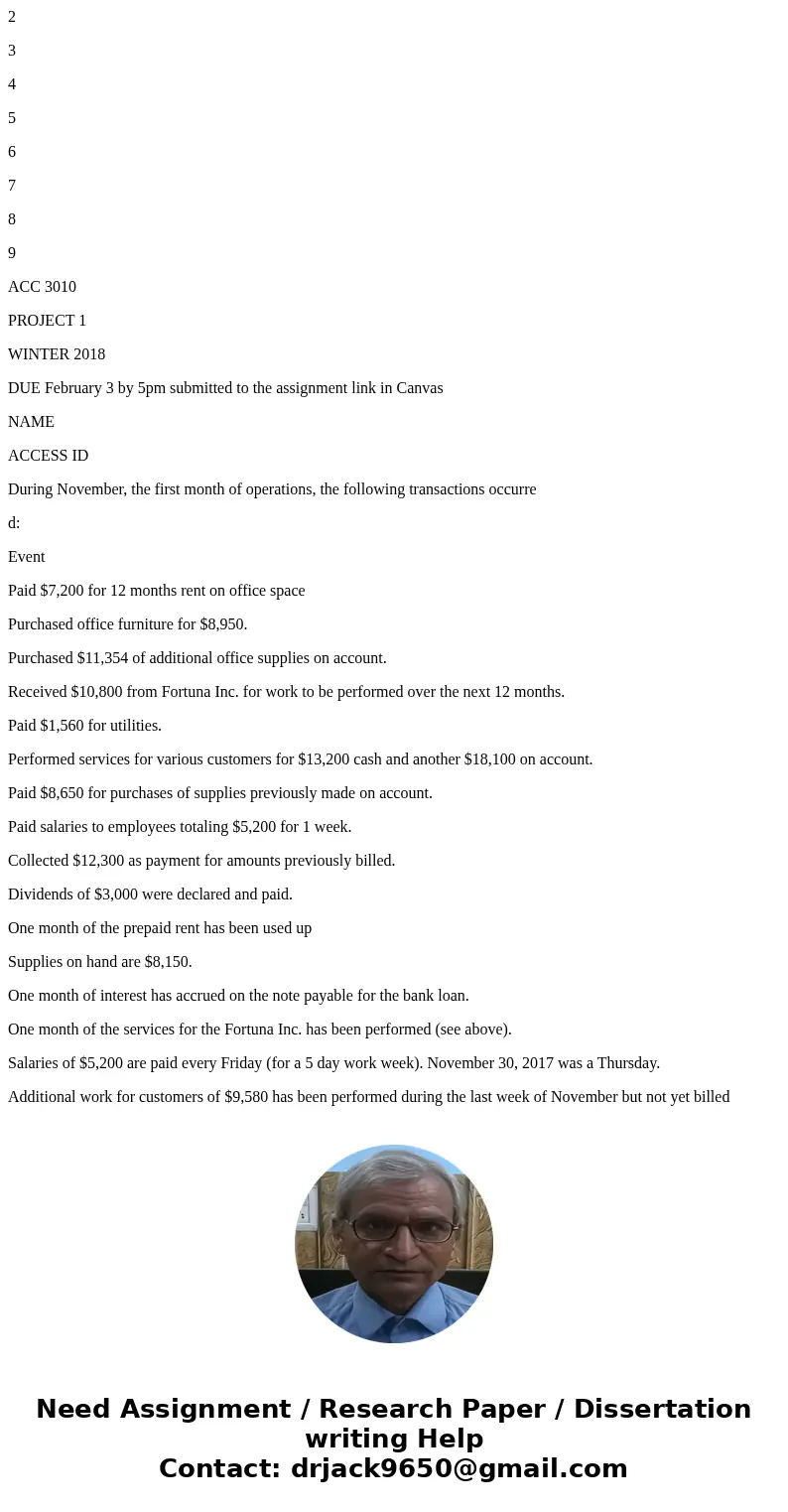 2 3 4 5 6 7 8 9 ACC 3010 PROJECT 1 WINTER 2018 DUE February 3 by 5pm submitted to the assignment link in Canvas NAME ACCESS ID During November, the first month 