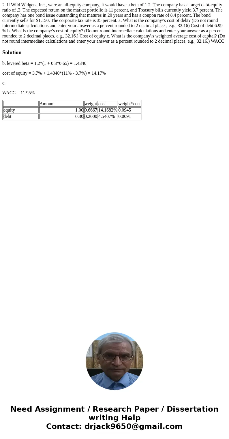2. If Wild Widgets, Inc., were an all-equity company, it would have a beta of 1.2. The company has a target debt-equity ratio of .3. The expected return on the  2. If Wild Widgets, Inc., were an all-equity company, it would have a beta of 1.2. The company has a target debt-equity ratio of .3. The expected return on the