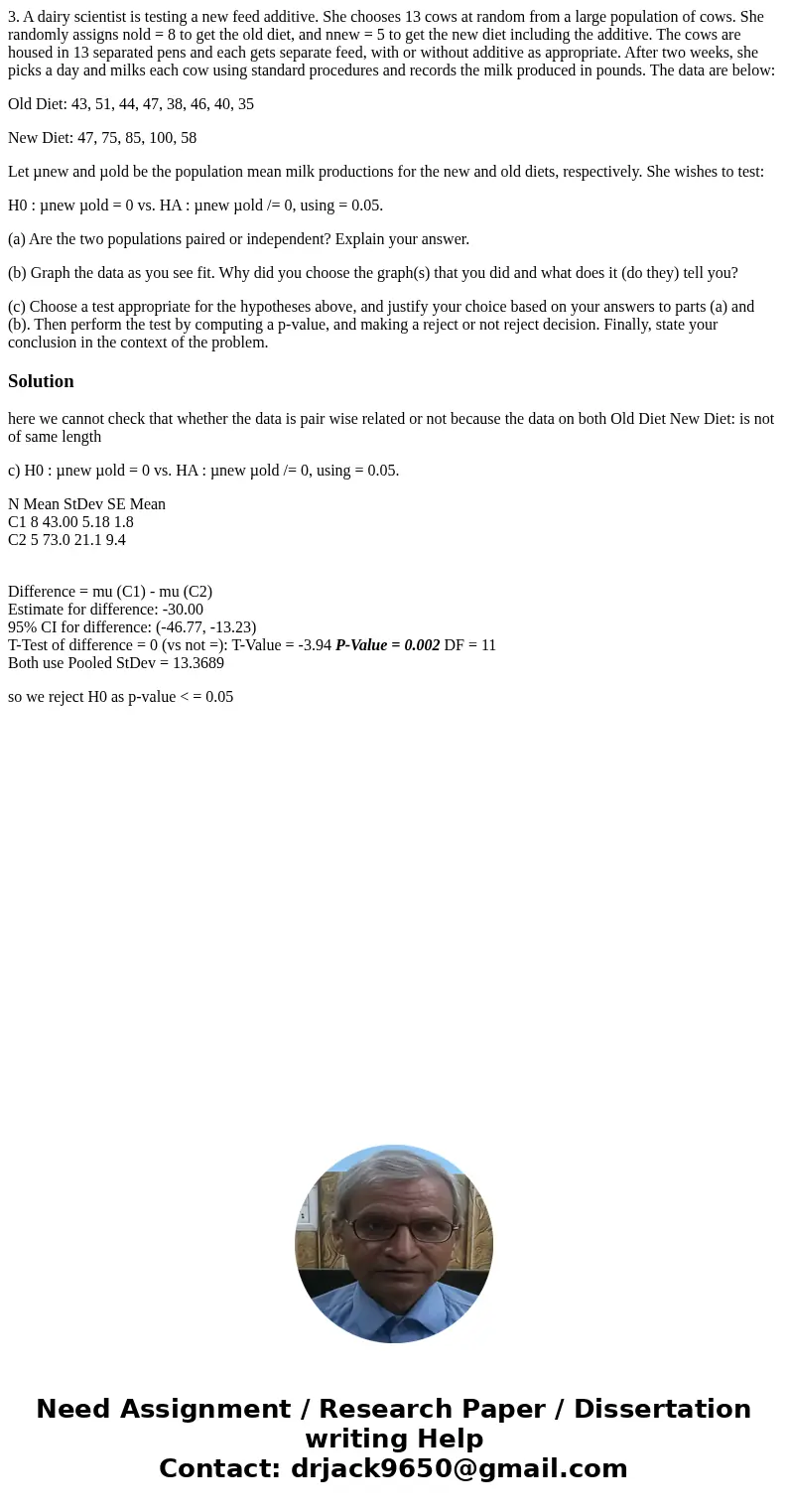 3. A dairy scientist is testing a new feed additive. She chooses 13 cows at random from a large population of cows. She randomly assigns nold = 8 to get the old
