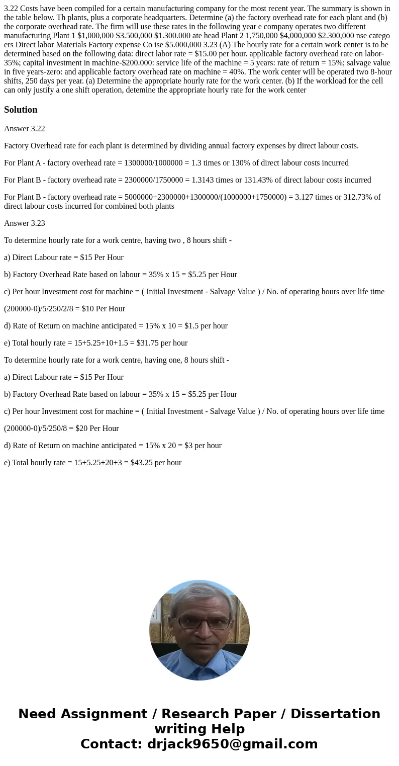 3.22 Costs have been compiled for a certain manufacturing company for the most recent year. The summary is shown in the table below. Th plants, plus a corporat  3.22 Costs have been compiled for a certain manufacturing company for the most recent year. The summary is shown in the table below. Th plants, plus a corporat