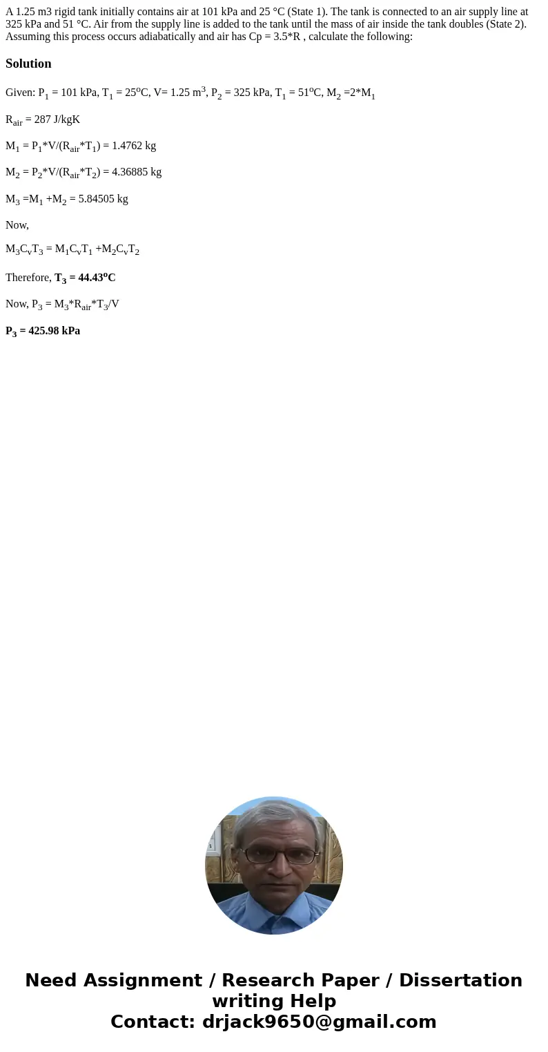 A 1.25 m3 rigid tank initially contains air at 101 kPa and 25 °C (State 1). The tank is connected to an air supply line at 325 kPa and 51 °C. Air from the suppl A 1.25 m3 rigid tank initially contains air at 101 kPa and 25 °C (State 1). The tank is connected to an air supply line at 325 kPa and 51 °C. Air from the suppl