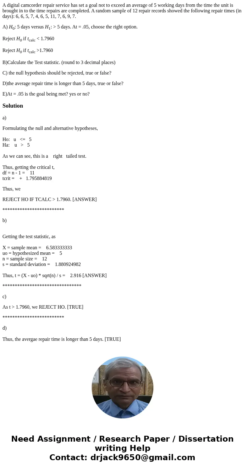 A digital camcorder repair service has set a goal not to exceed an average of 5 working days from the time the unit is brought in to the time repairs are comple A digital camcorder repair service has set a goal not to exceed an average of 5 working days from the time the unit is brought in to the time repairs are comple