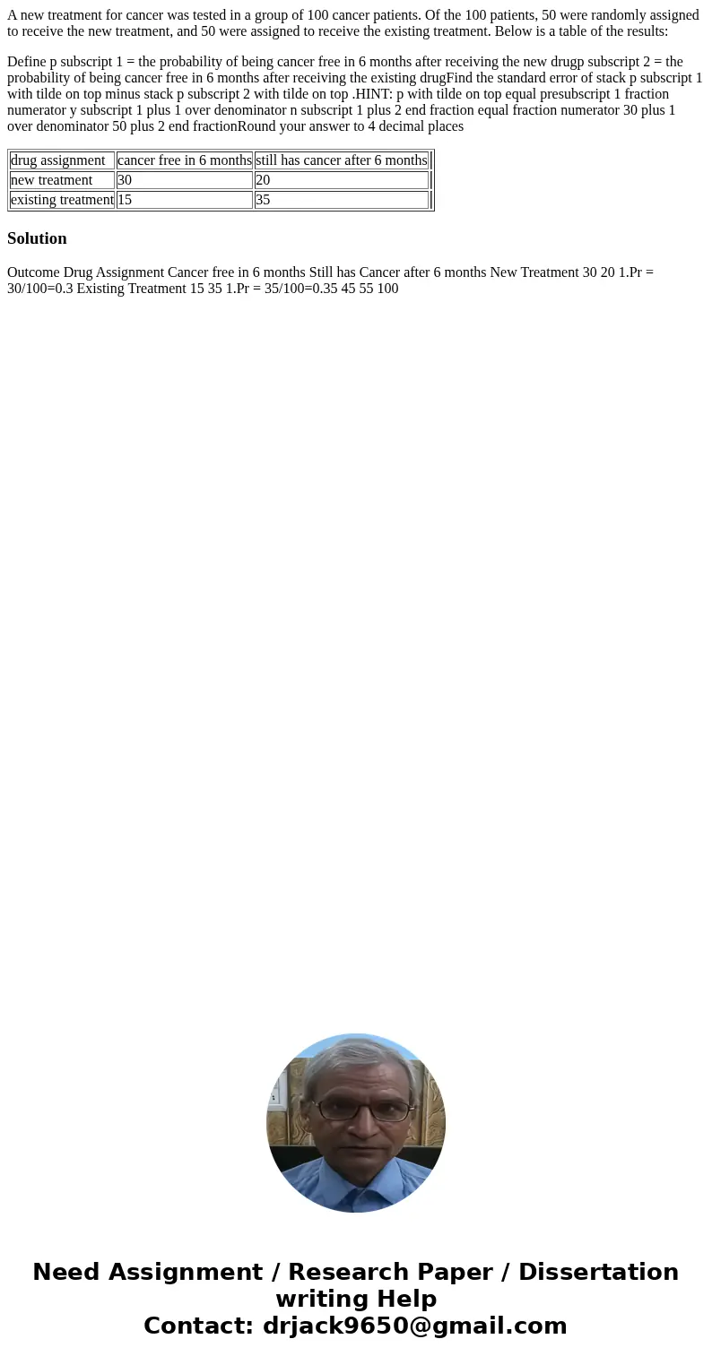 A new treatment for cancer was tested in a group of 100 cancer patients. Of the 100 patients, 50 were randomly assigned to receive the new treatment, and 50 wer A new treatment for cancer was tested in a group of 100 cancer patients. Of the 100 patients, 50 were randomly assigned to receive the new treatment, and 50 wer