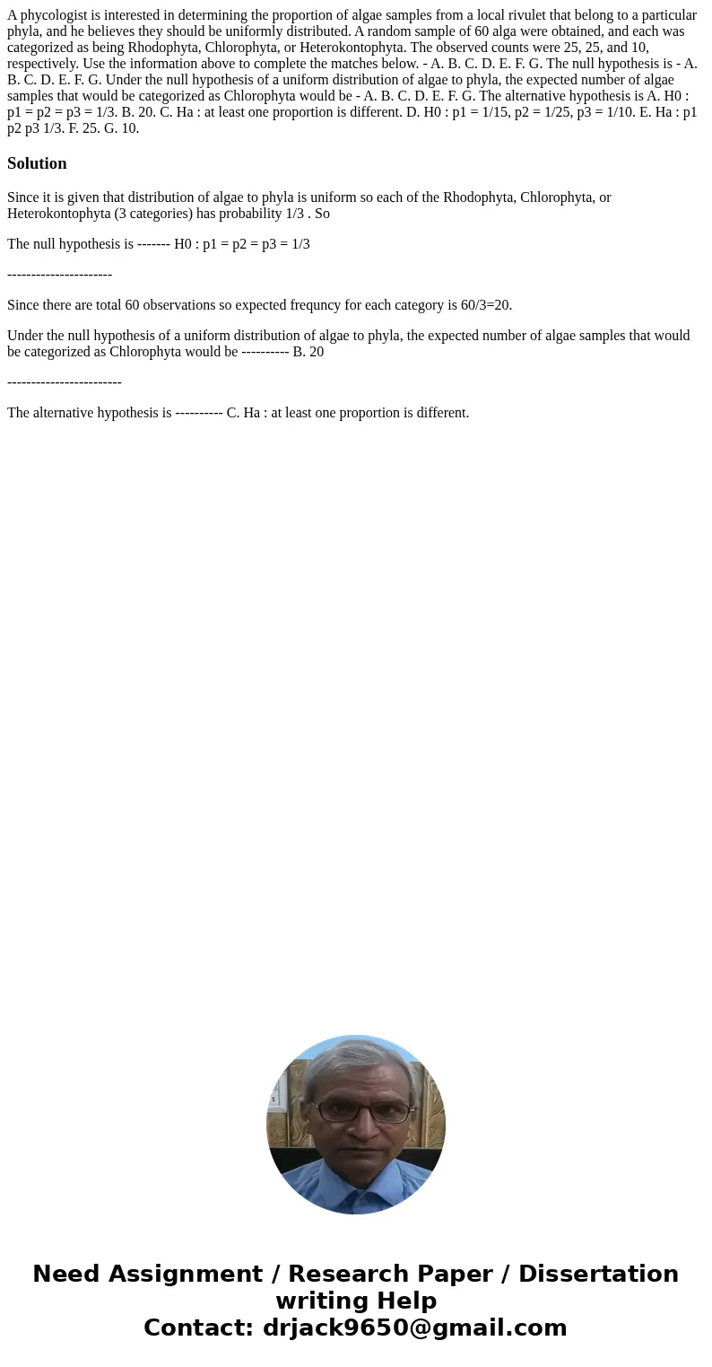 A phycologist is interested in determining the proportion of algae samples from a local rivulet that belong to a particular phyla, and he believes they should b