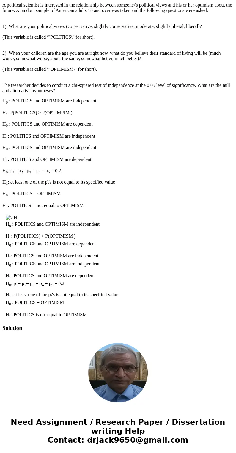 A political scientist is interested in the relationship between someone\'s political views and his or her optimism about the future. A random sample of American A political scientist is interested in the relationship between someone\'s political views and his or her optimism about the future. A random sample of American