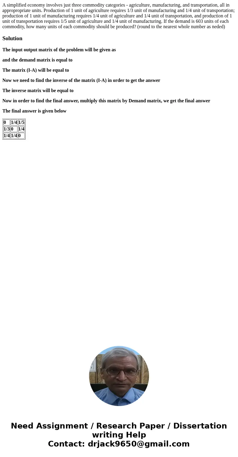 A simplified economy involves just three commodity categories - agriculture, manufacturing, and transportation, all in appropropriate units. Production of 1 uni A simplified economy involves just three commodity categories - agriculture, manufacturing, and transportation, all in appropropriate units. Production of 1 uni