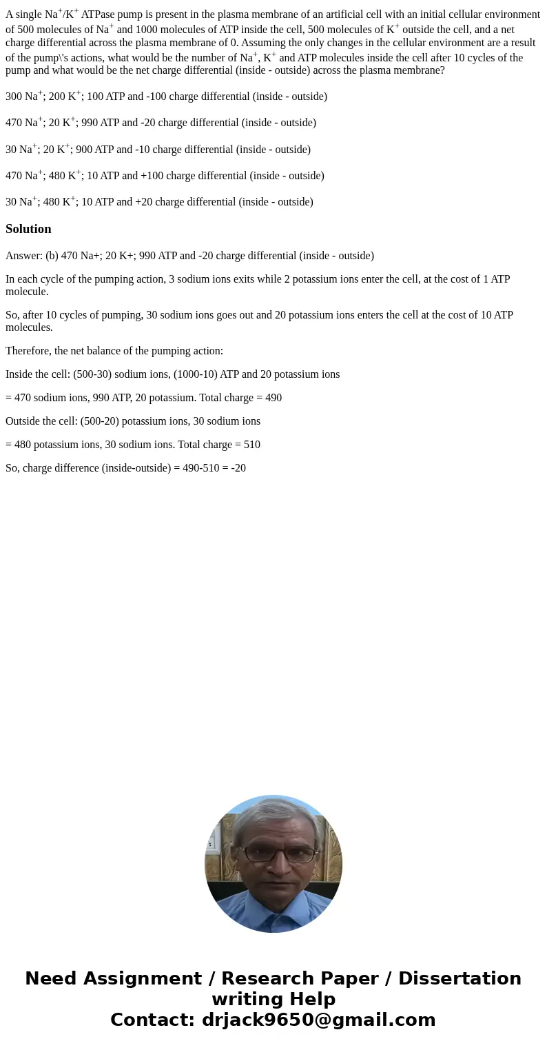 A single Na+/K+ ATPase pump is present in the plasma membrane of an artificial cell with an initial cellular environment of 500 molecules of Na+ and 1000 molecu A single Na+/K+ ATPase pump is present in the plasma membrane of an artificial cell with an initial cellular environment of 500 molecules of Na+ and 1000 molecu
