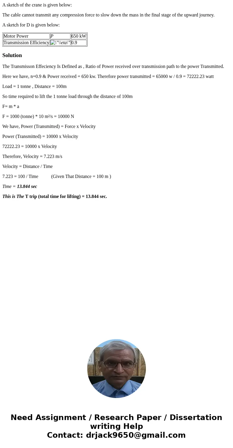 A sketch of the crane is given below: The cable cannot transmit any compression force to slow down the mass in the final stage of the upward journey. A sketch f