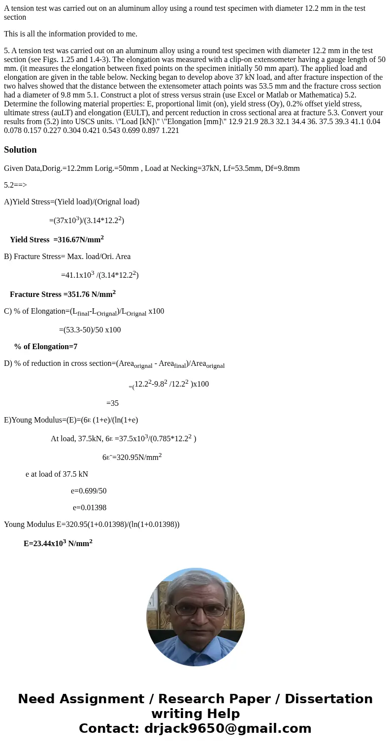 A tension test was carried out on an aluminum alloy using a round test specimen with diameter 12.2 mm in the test section This is all the information provided t A tension test was carried out on an aluminum alloy using a round test specimen with diameter 12.2 mm in the test section This is all the information provided t