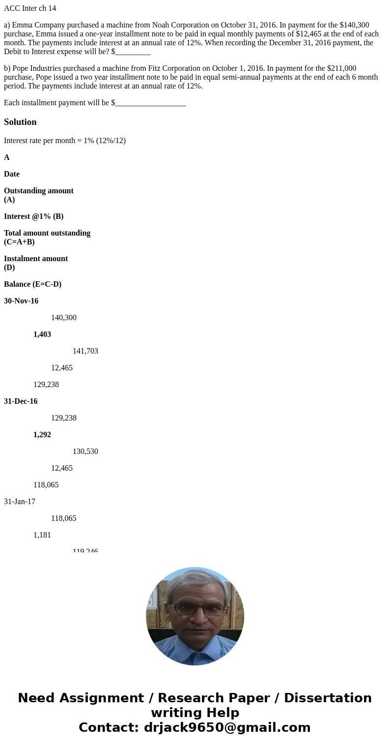 ACC Inter ch 14 a) Emma Company purchased a machine from Noah Corporation on October 31, 2016. In payment for the $140,300 purchase, Emma issued a one-year inst