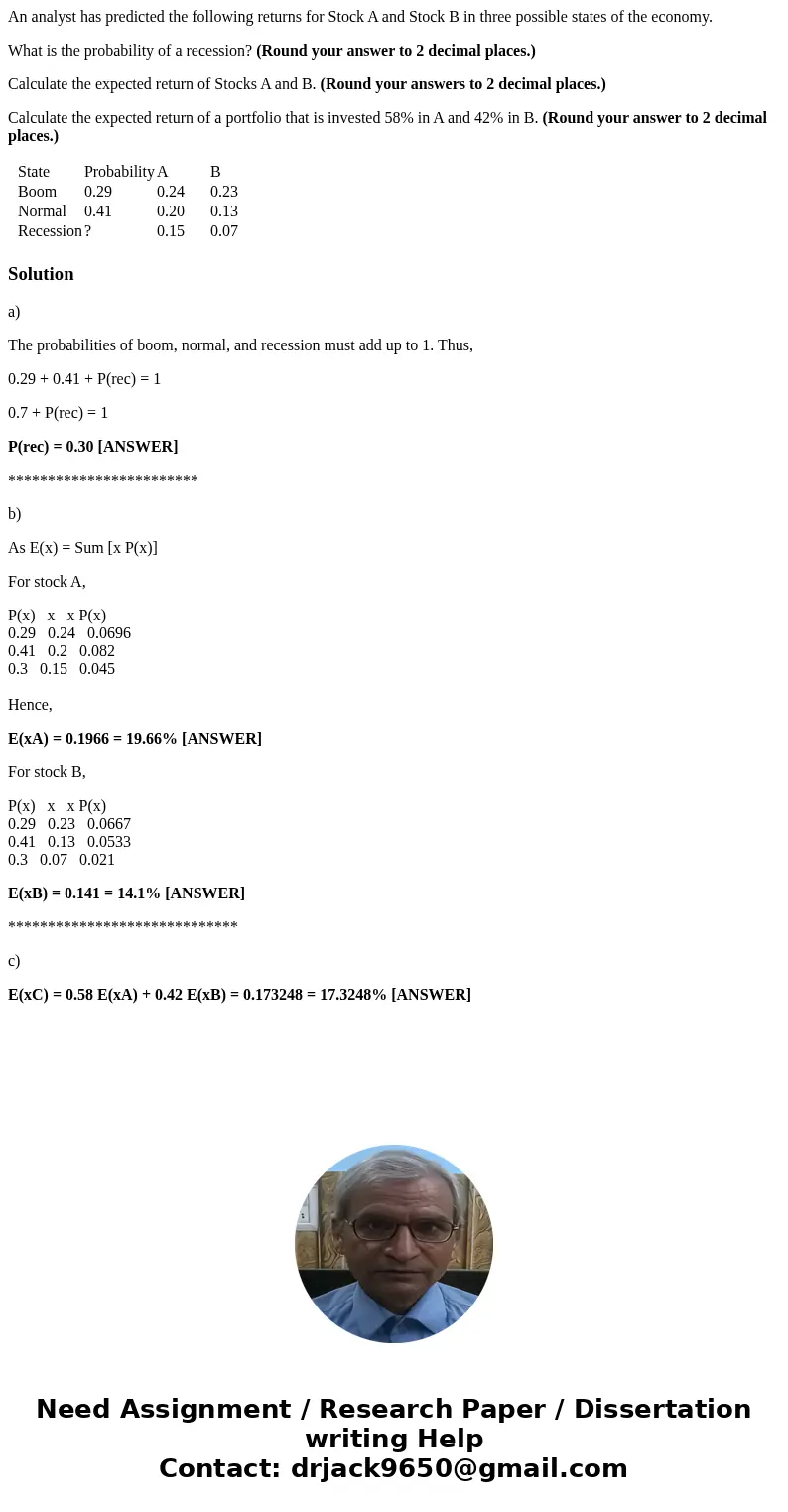 An analyst has predicted the following returns for Stock A and Stock B in three possible states of the economy. What is the probability of a recession? (Round y