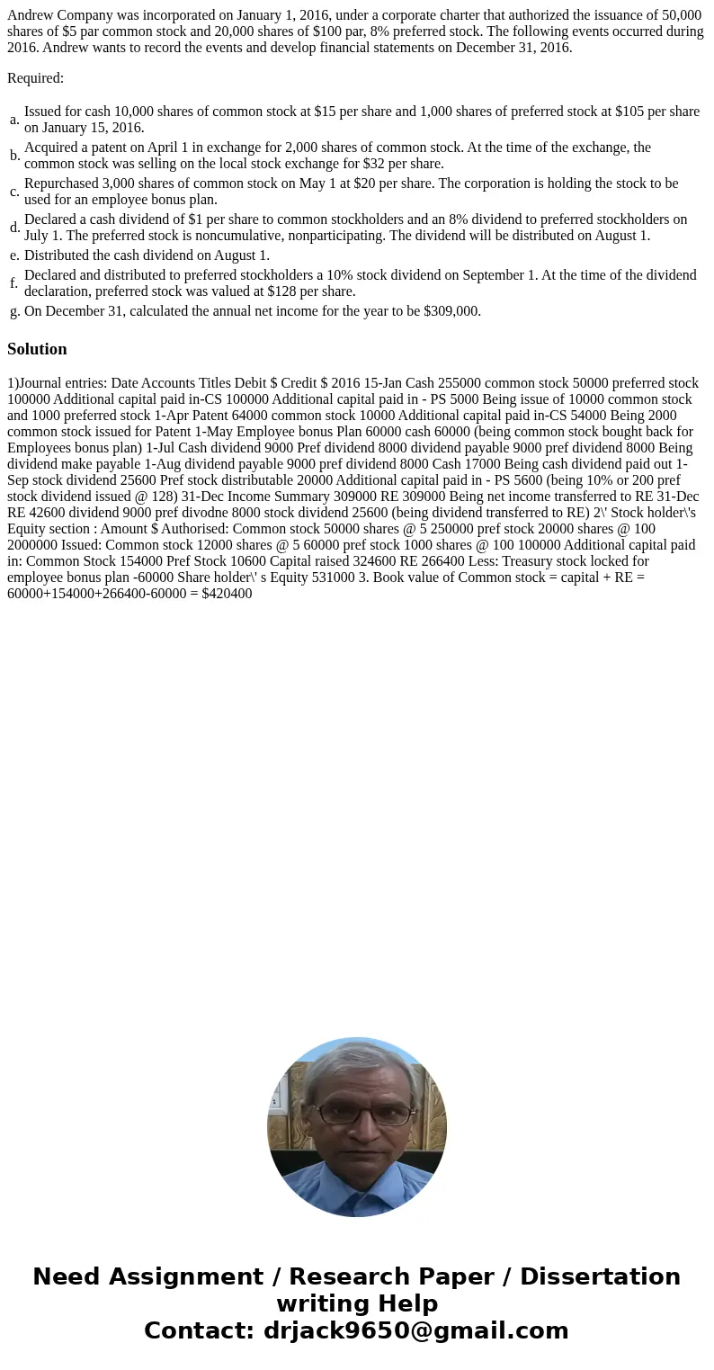 Andrew Company was incorporated on January 1, 2016, under a corporate charter that authorized the issuance of 50,000 shares of $5 par common stock and 20,000 sh
