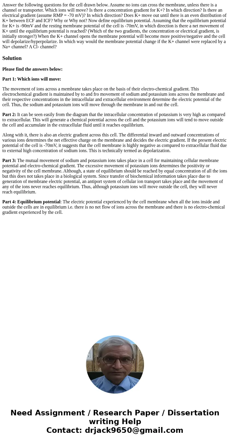  Answer the following questions for the cell drawn below. Assume no ions can cross the membrane, unless there is a channel or transporter. Which ions will move?