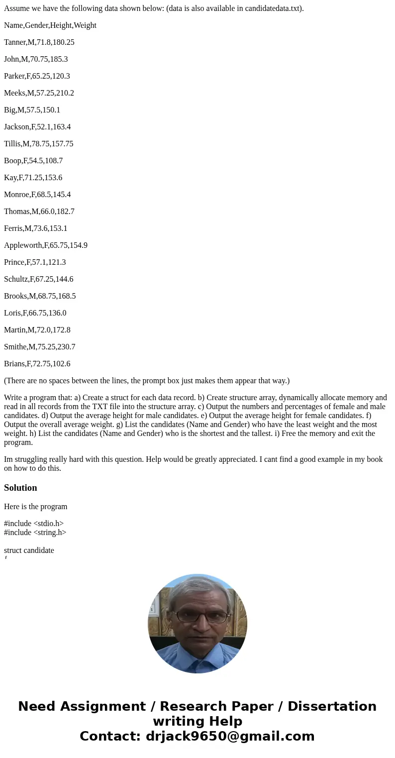 Assume we have the following data shown below: (data is also available in candidatedata.txt). Name,Gender,Height,Weight Tanner,M,71.8,180.25 John,M,70.75,185.3  Assume we have the following data shown below: (data is also available in candidatedata.txt). Name,Gender,Height,Weight Tanner,M,71.8,180.25 John,M,70.75,185.3