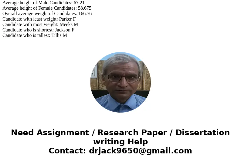 Assume we have the following data shown below: (data is also available in candidatedata.txt). Name,Gender,Height,Weight Tanner,M,71.8,180.25 John,M,70.75,185.3  Assume we have the following data shown below: (data is also available in candidatedata.txt). Name,Gender,Height,Weight Tanner,M,71.8,180.25 John,M,70.75,185.3