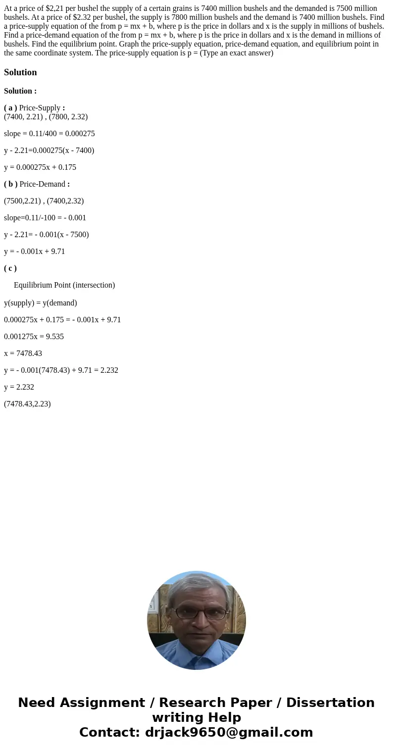  At a price of $2,21 per bushel the supply of a certain grains is 7400 million bushels and the demanded is 7500 million bushels. At a price of $2.32 per bushel,