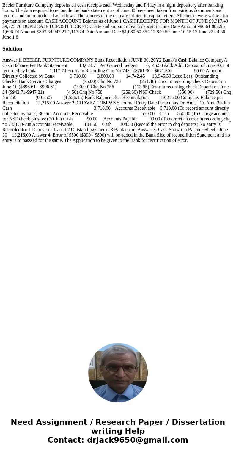 Beeler Furniture Company deposits all cash receipts each Wednesday and Friday in a night depository after banking hours. The data required to reconcile the ban  Beeler Furniture Company deposits all cash receipts each Wednesday and Friday in a night depository after banking hours. The data required to reconcile the ban