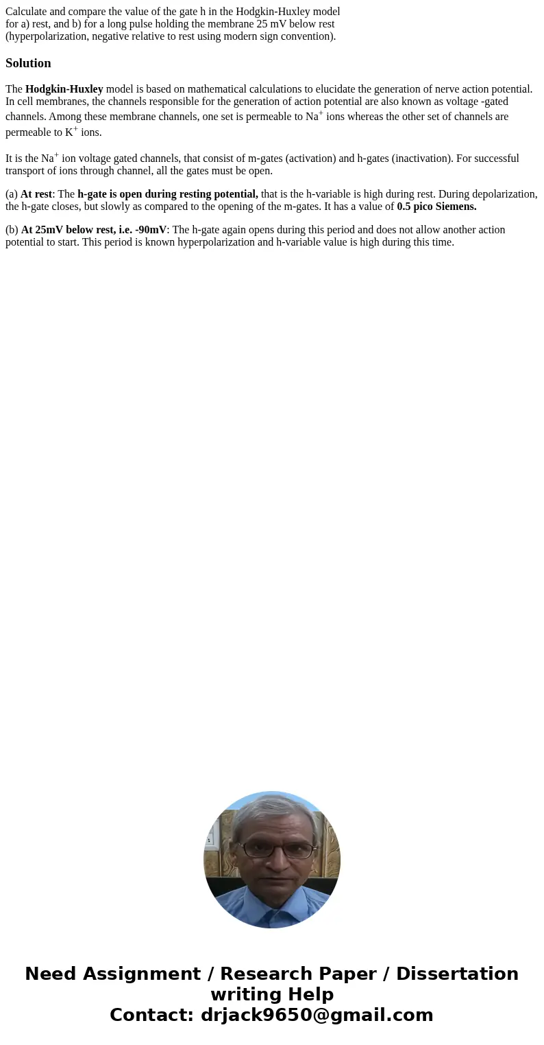 Calculate and compare the value of the gate h in the Hodgkin-Huxley model for a) rest, and b) for a long pulse holding the membrane 25 mV below rest (hyperpolar Calculate and compare the value of the gate h in the Hodgkin-Huxley model for a) rest, and b) for a long pulse holding the membrane 25 mV below rest (hyperpolar