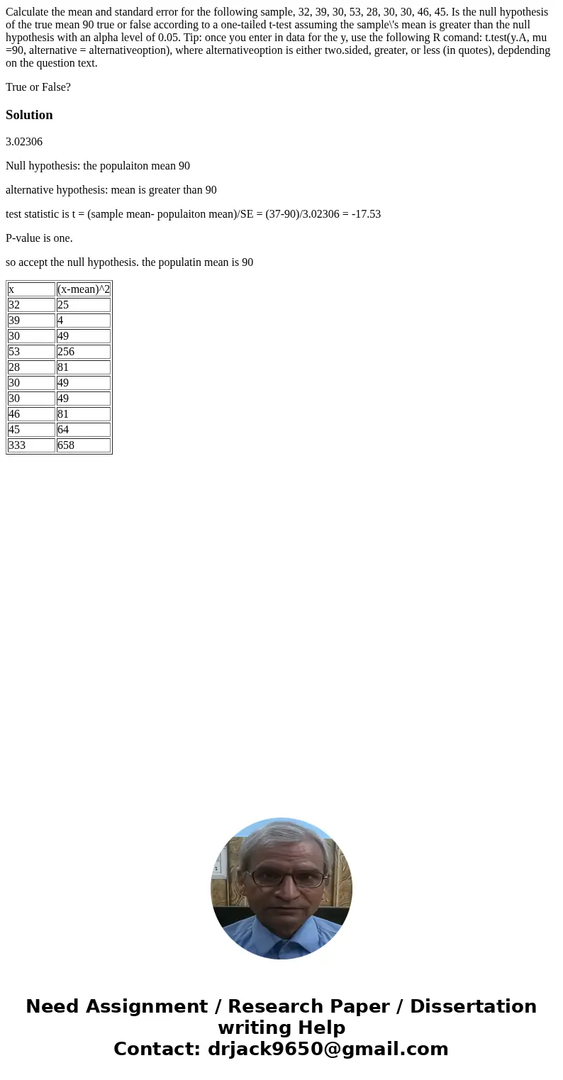 Calculate the mean and standard error for the following sample, 32, 39, 30, 53, 28, 30, 30, 46, 45. Is the null hypothesis of the true mean 90 true or false acc Calculate the mean and standard error for the following sample, 32, 39, 30, 53, 28, 30, 30, 46, 45. Is the null hypothesis of the true mean 90 true or false acc